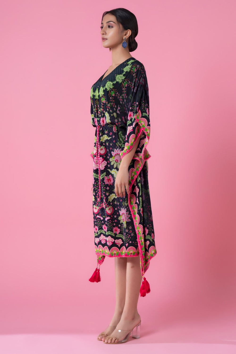 Midnight Black Ombre Floral Print, Embroidred Kaftan-Siddhartha Bansal