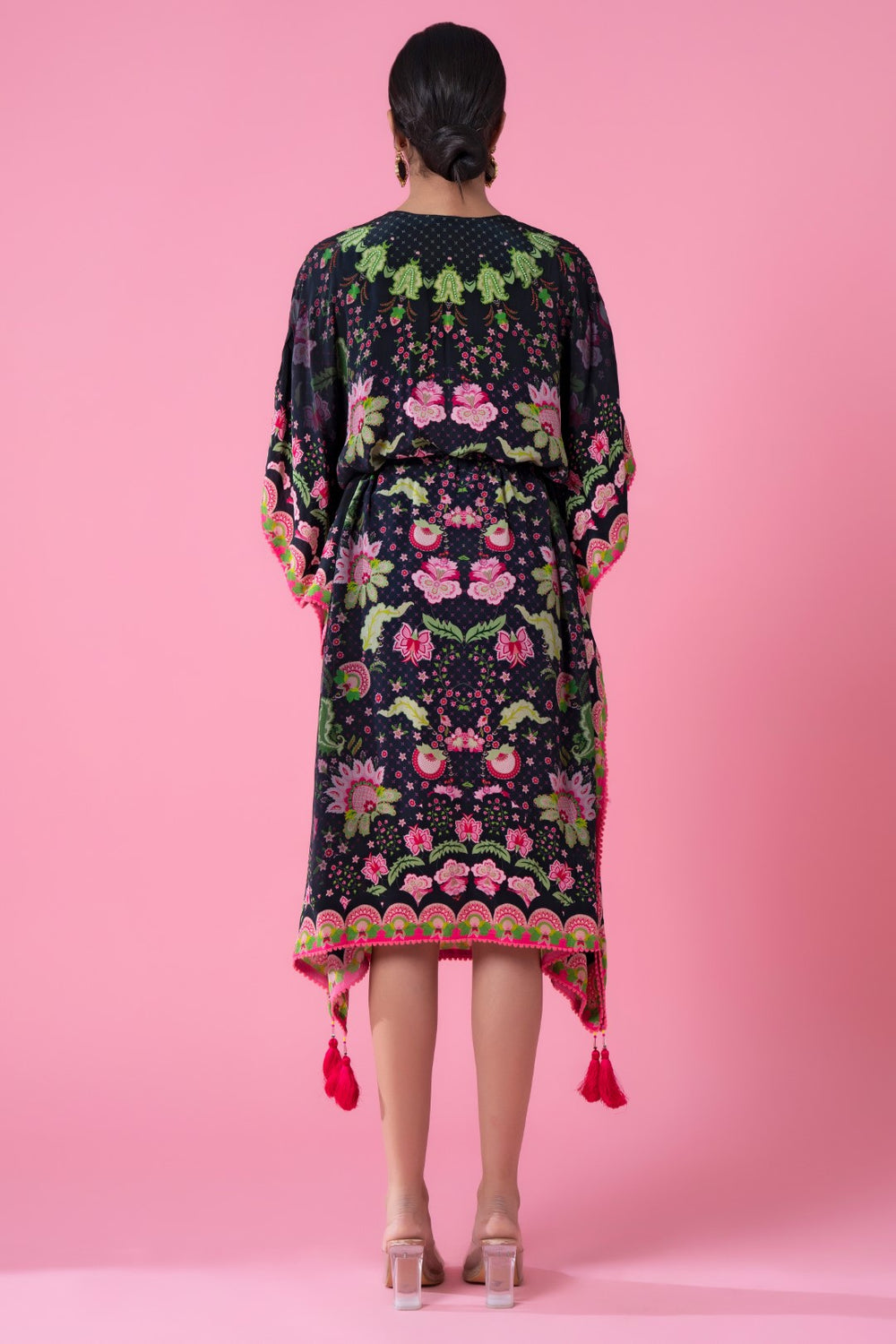 Midnight Black Ombre Floral Print, Embroidred Kaftan-Siddhartha Bansal