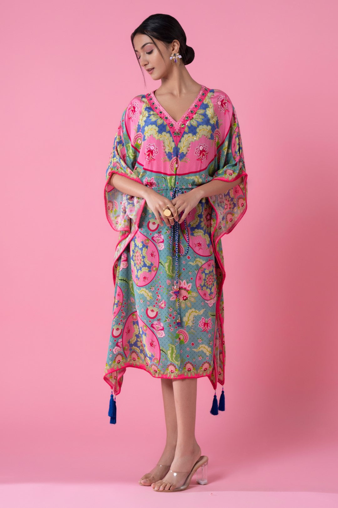 Santorini Blue Printed, Embroidred Kaftan-Siddhartha Bansal