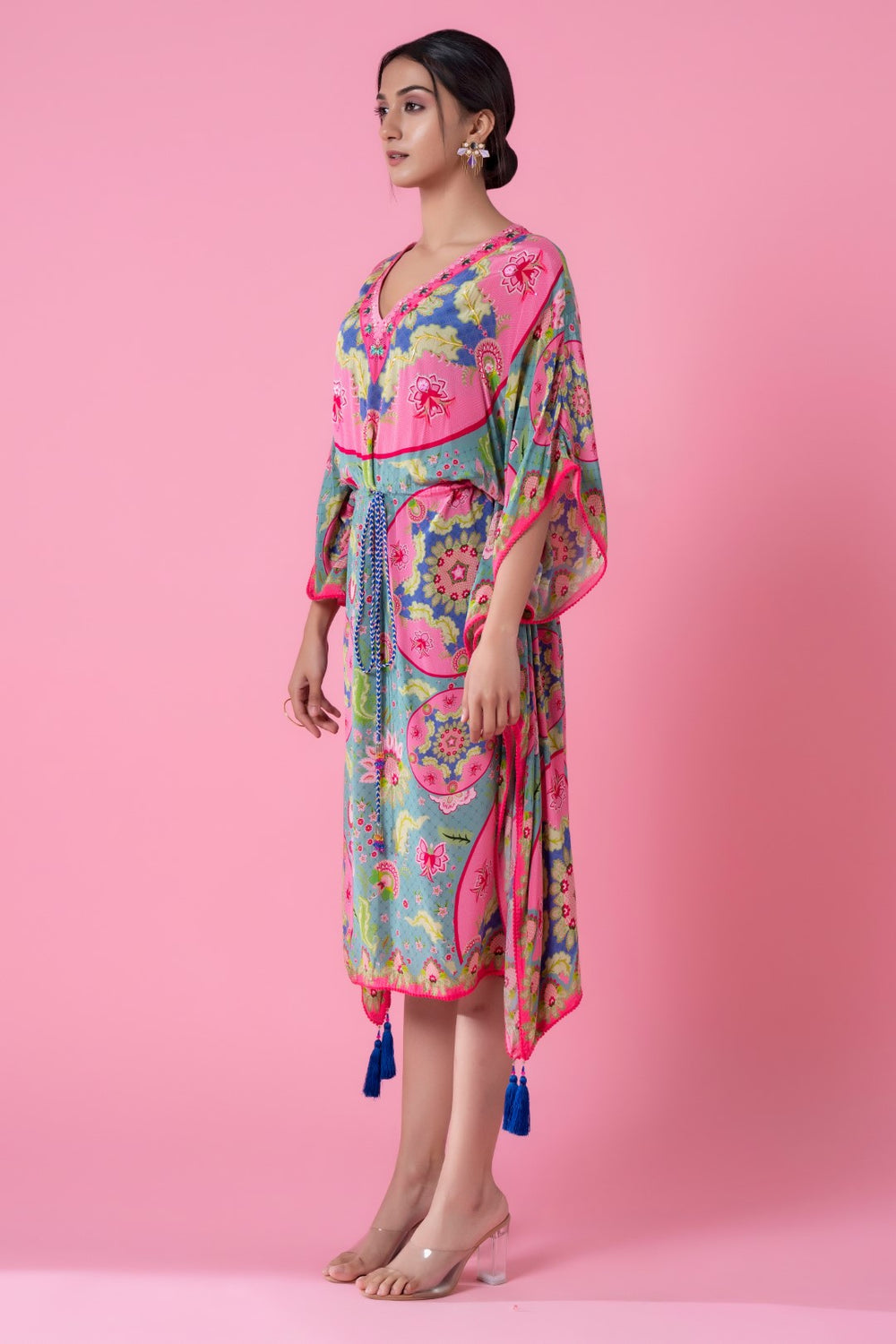 Santorini Blue Printed, Embroidred Kaftan-Siddhartha Bansal