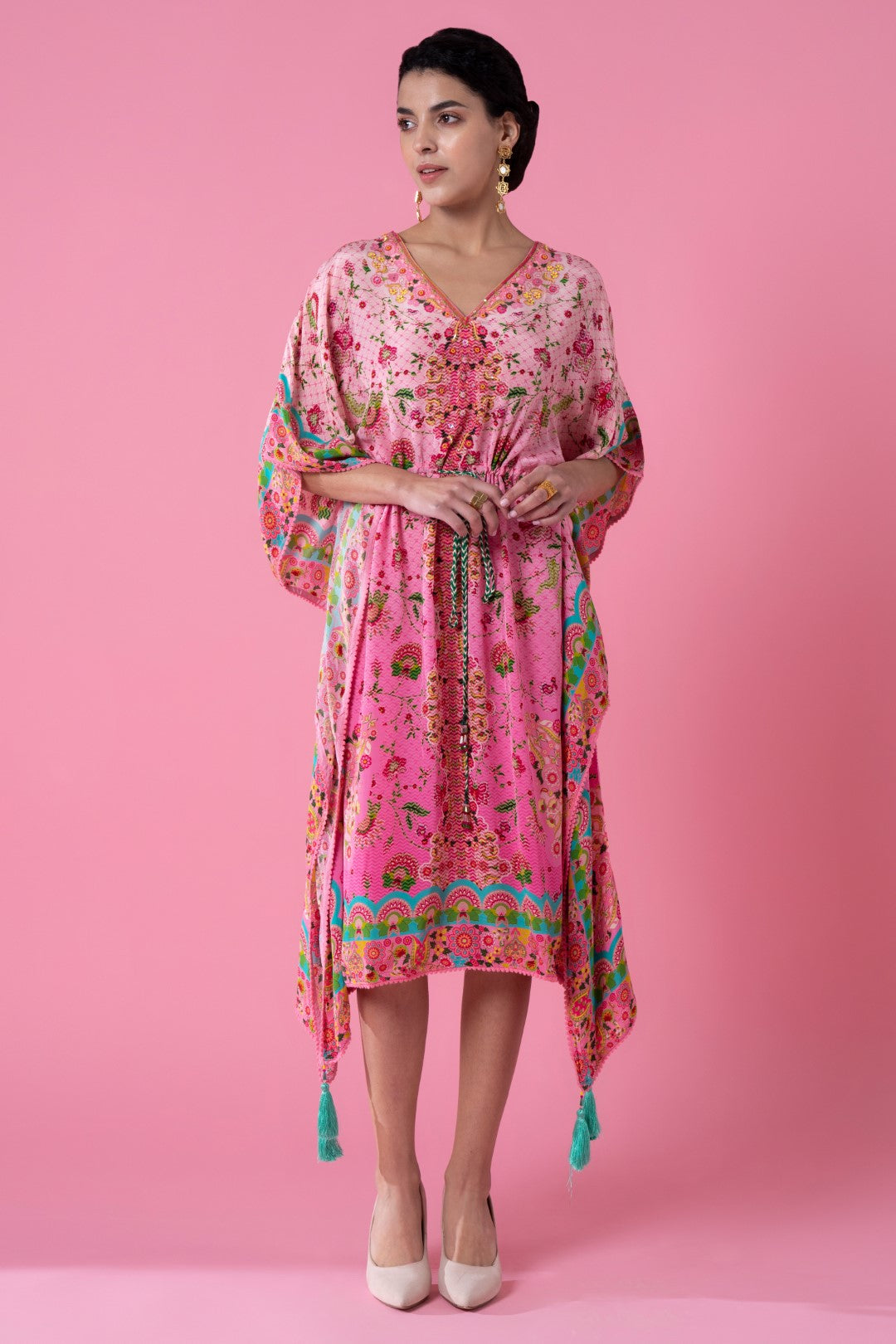 Twilight Pink Ombre Floral Print, Embroidred Kaftan-Siddhartha Bansal