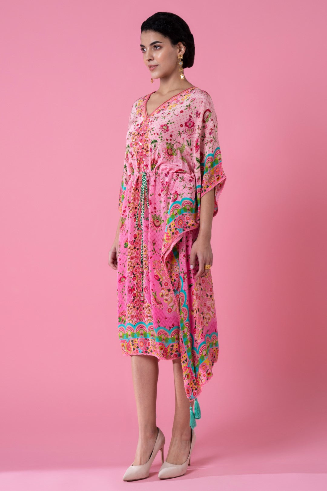 Twilight Pink Ombre Floral Print, Embroidred Kaftan-Siddhartha Bansal