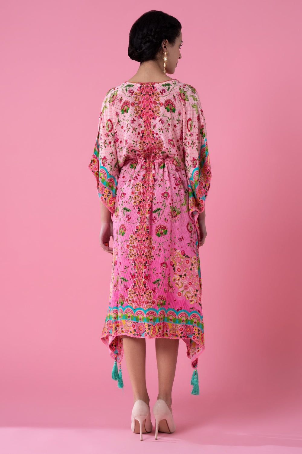 Twilight Pink Ombre Floral Print, Embroidred Kaftan-Siddhartha Bansal
