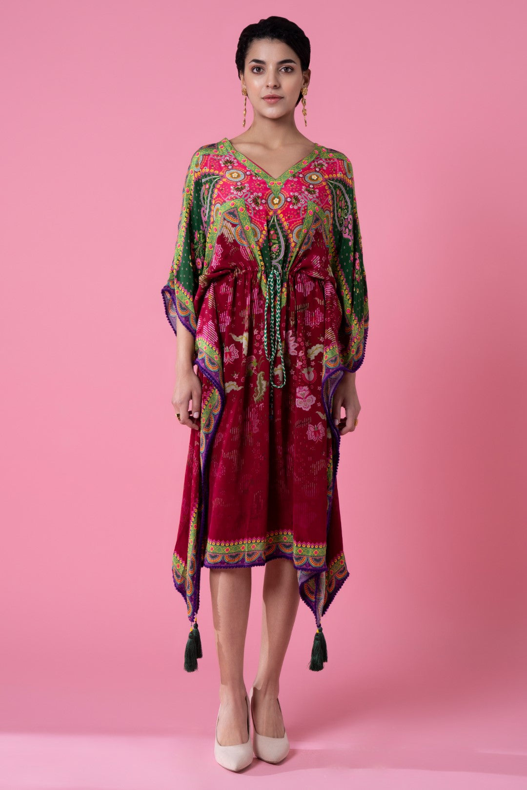 Scarlet Red And Kale Green Printed, Embroidred Kaftan XL Scarlet Red And Kale Green Printed, Embroidred Kaftan XL