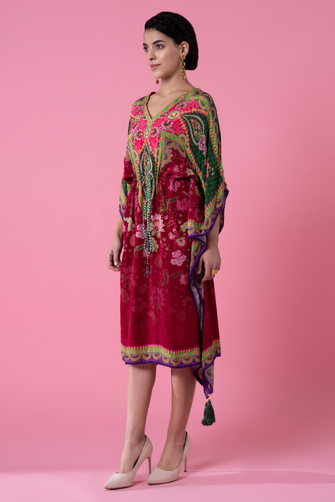 Scarlet Red And Kale Green Printed, Embroidred Kaftan-Siddhartha Bansal