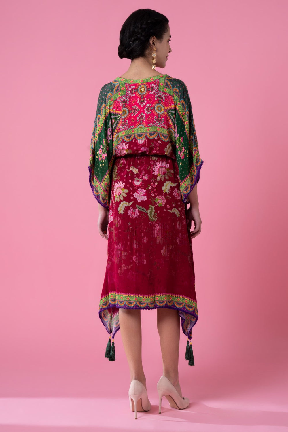 Scarlet Red And Kale Green Printed, Embroidred Kaftan-Siddhartha Bansal