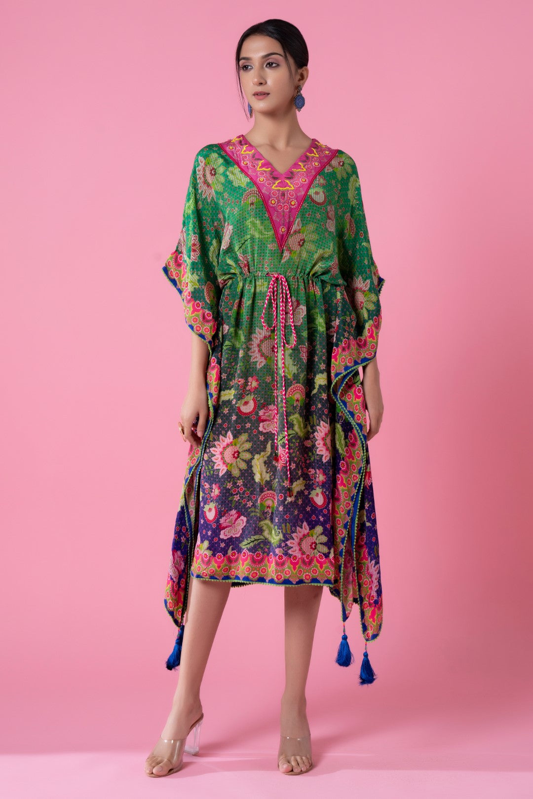 Tea Green And Yale Blue Ombre Floral Print, Embroidred Kaftan-Siddhartha Bansal