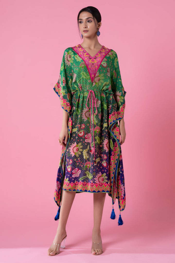 Tea Green And Yale Blue Ombre Floral Print, Embroidred Kaftan-Siddhartha Bansal