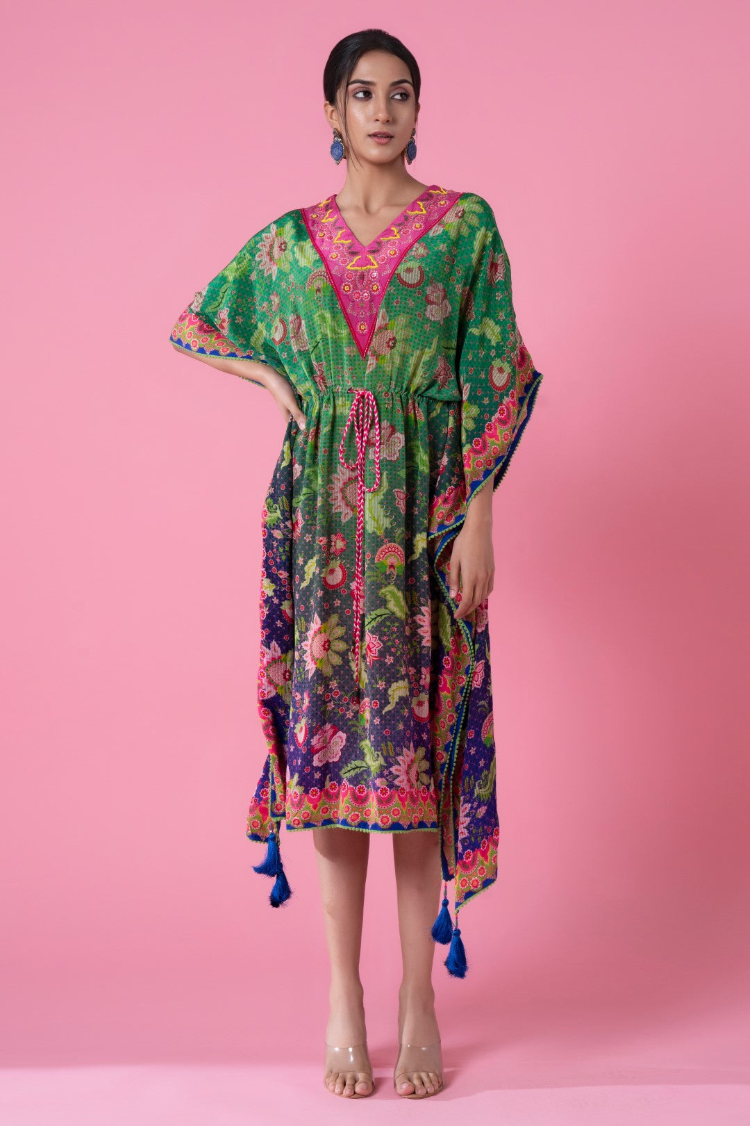 Tea Green And Yale Blue Ombre Floral Print, Embroidred Kaftan-Siddhartha Bansal