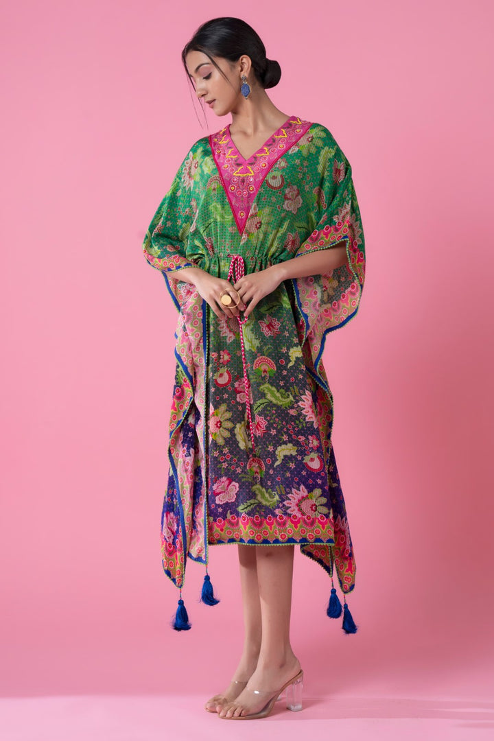 Tea Green And Yale Blue Ombre Floral Print, Embroidred Kaftan-Siddhartha Bansal