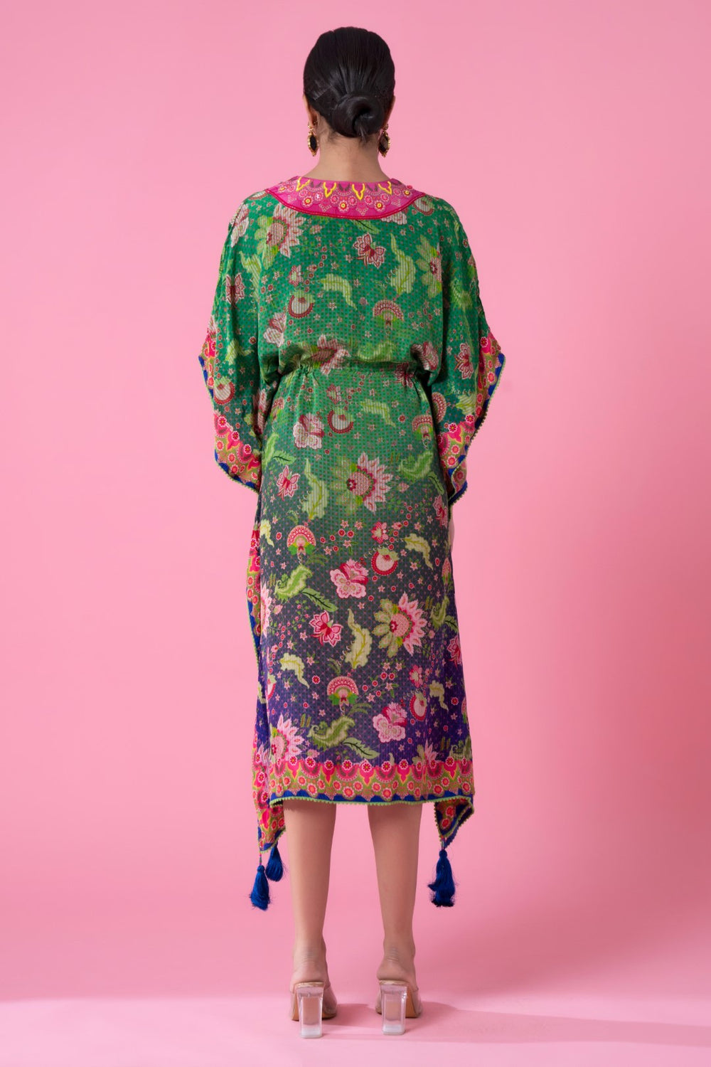 Tea Green And Yale Blue Ombre Floral Print, Embroidred Kaftan-Siddhartha Bansal