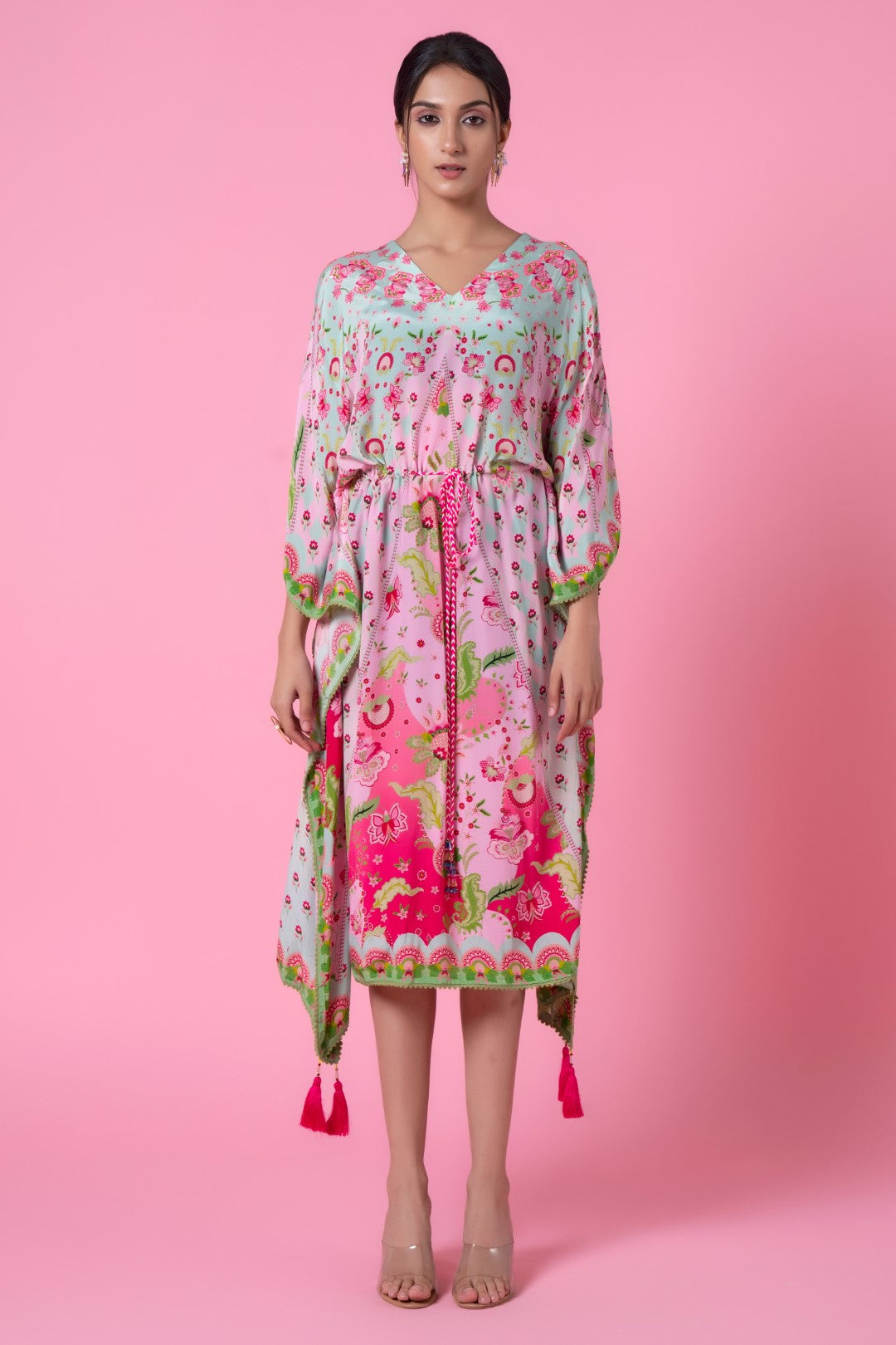 Cool Mint & Soft Pink Floral Print, Embroidred Kaftan-Siddhartha Bansal