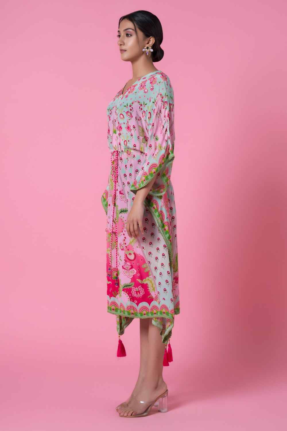 Cool Mint & Soft Pink Floral Print, Embroidred Kaftan-Siddhartha Bansal