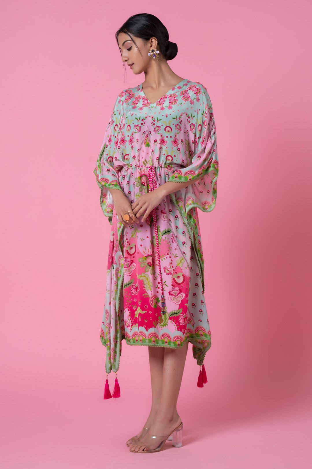 Cool Mint &amp; Soft Pink Floral Print, Embroidred Kaftan-Siddhartha Bansal