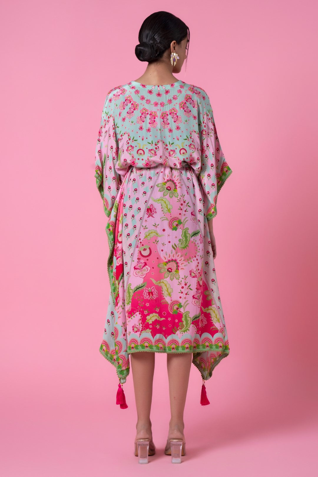 Cool Mint &amp; Soft Pink Floral Print, Embroidred Kaftan-Siddhartha Bansal