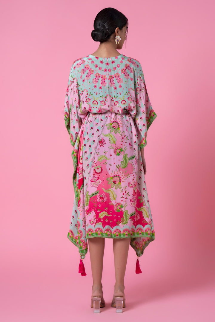 Cool Mint &amp; Soft Pink Floral Print, Embroidred Kaftan-Siddhartha Bansal