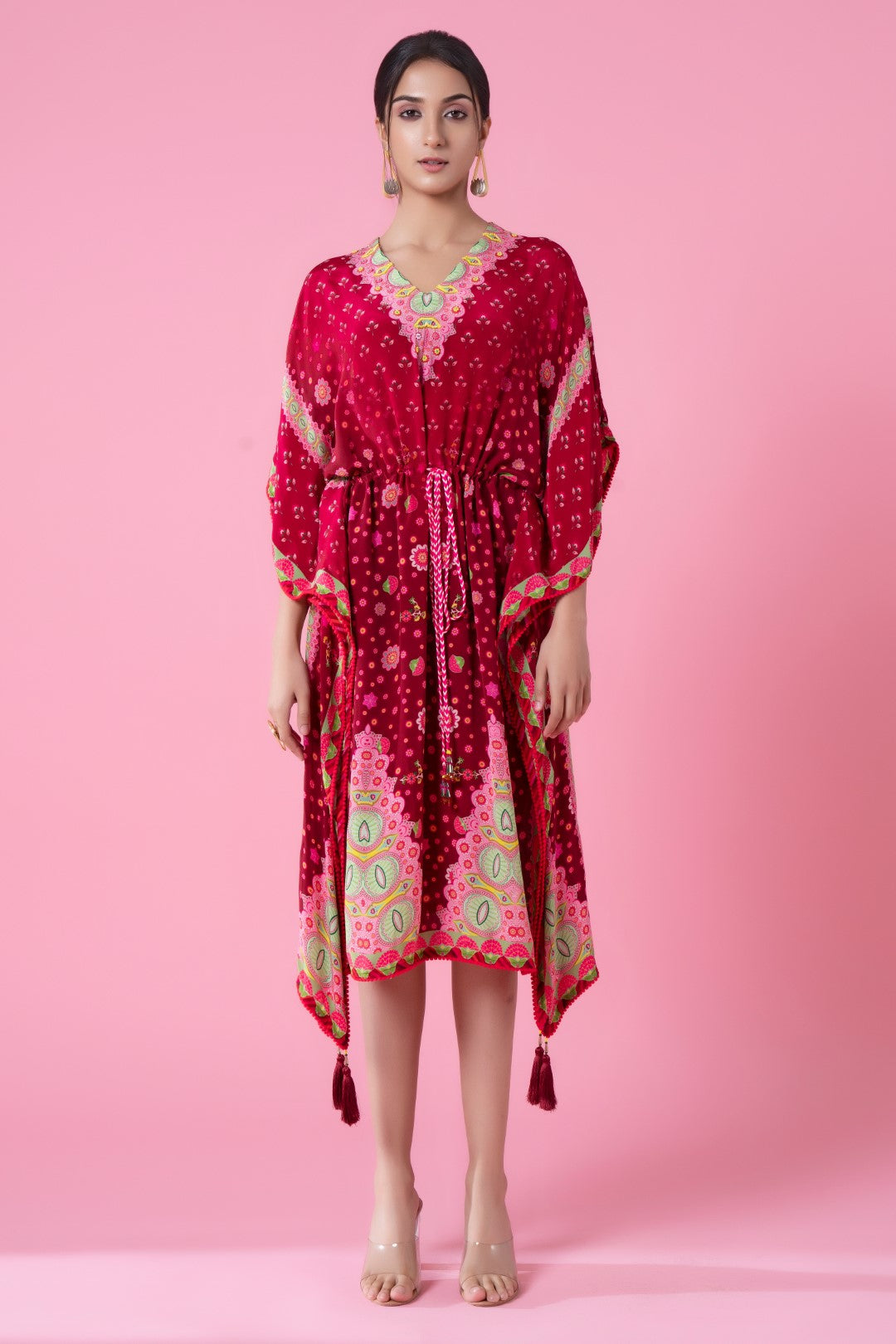 Cranberry Red Floral Print, Embroidred Kaftan-Siddhartha Bansal