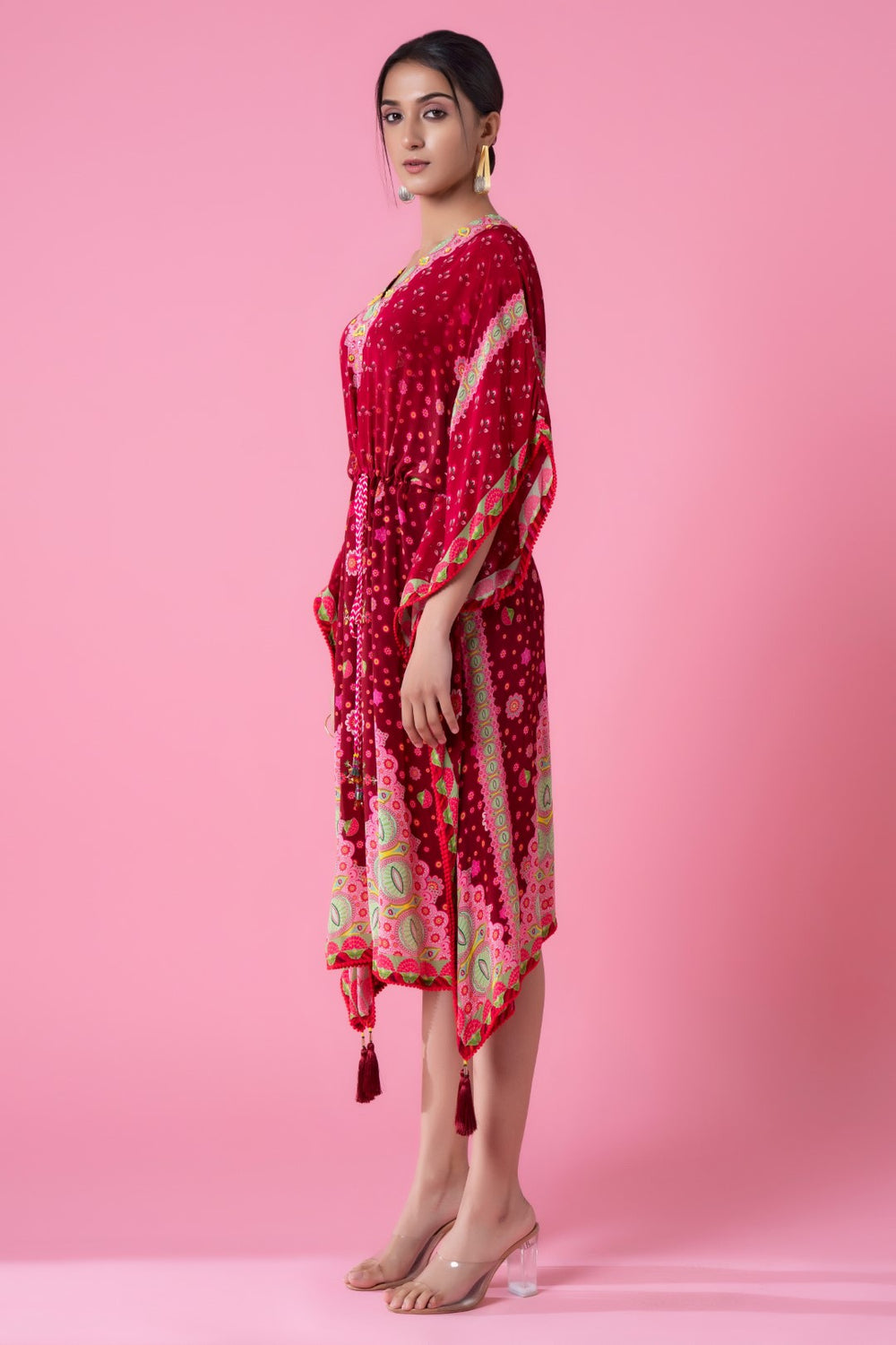Cranberry Red Floral Print, Embroidred Kaftan-Siddhartha Bansal