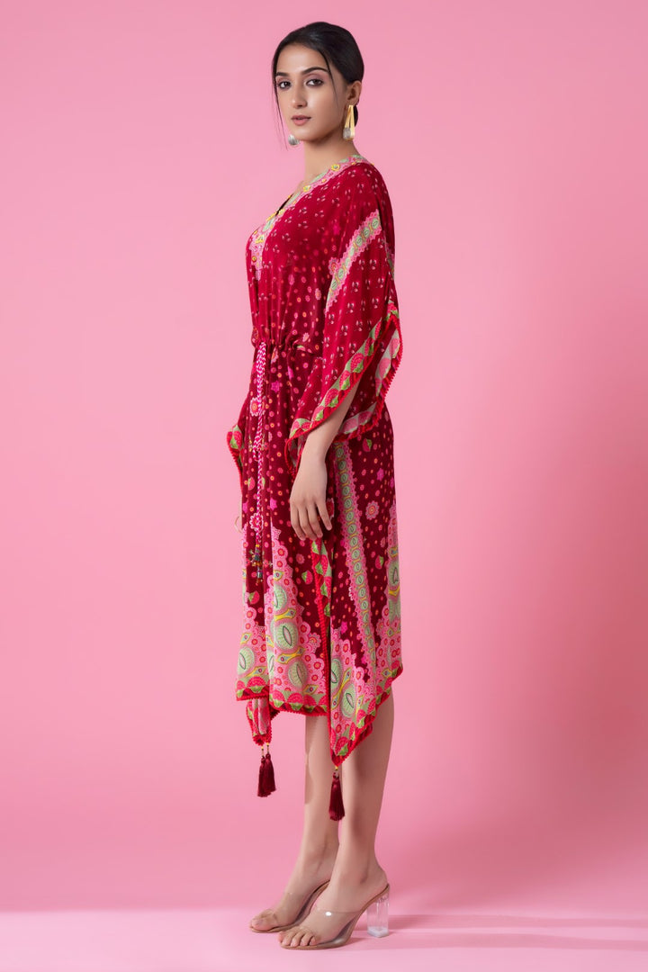 Cranberry Red Floral Print, Embroidred Kaftan-Siddhartha Bansal