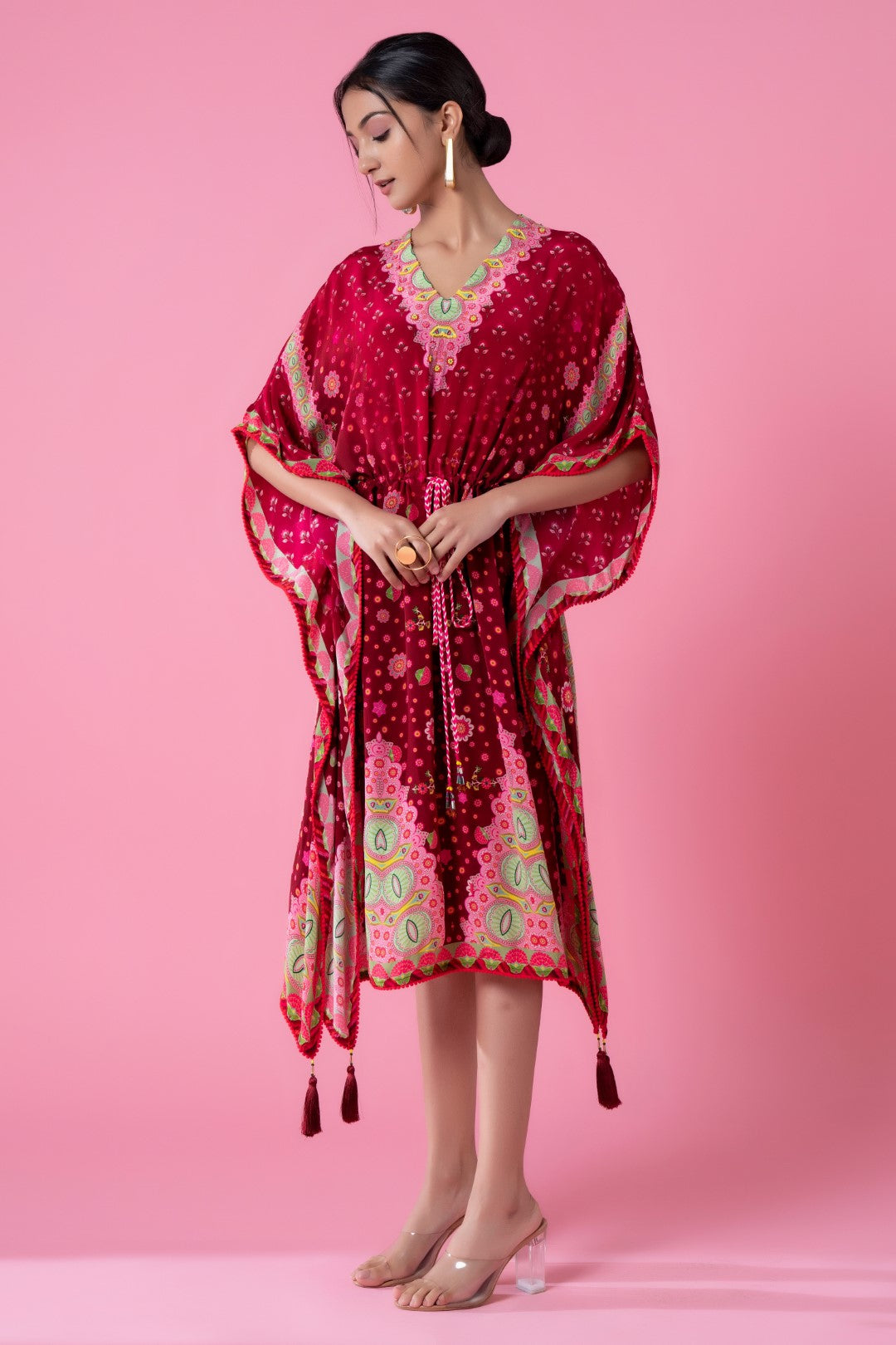 Cranberry Red Floral Print, Embroidred Kaftan-Siddhartha Bansal