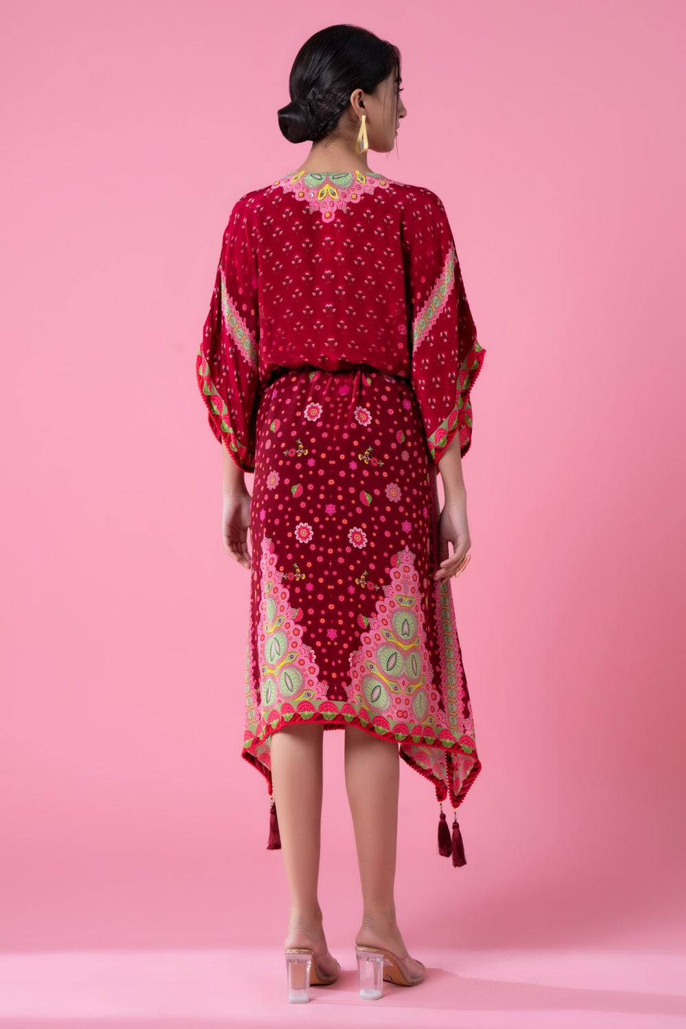 Cranberry Red Floral Print, Embroidred Kaftan-Siddhartha Bansal
