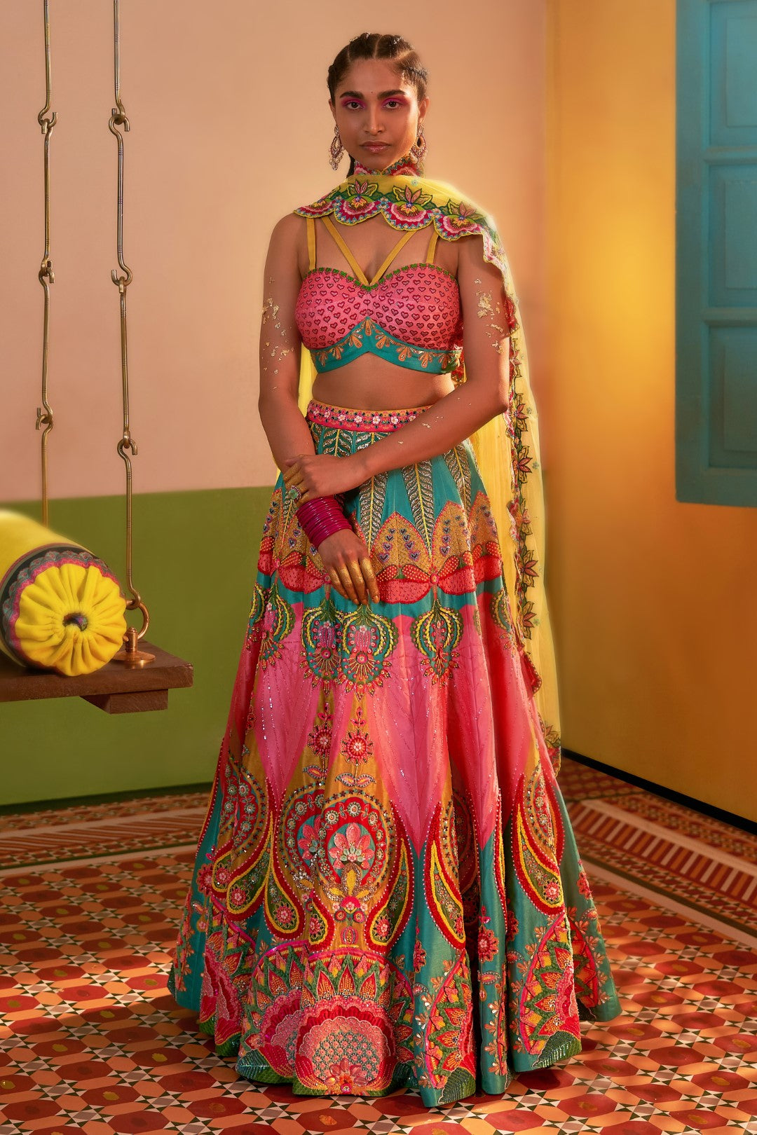 Mastani Pink & Ocean Electric Green Embroidered Lehenga Set-Siddhartha Bansal