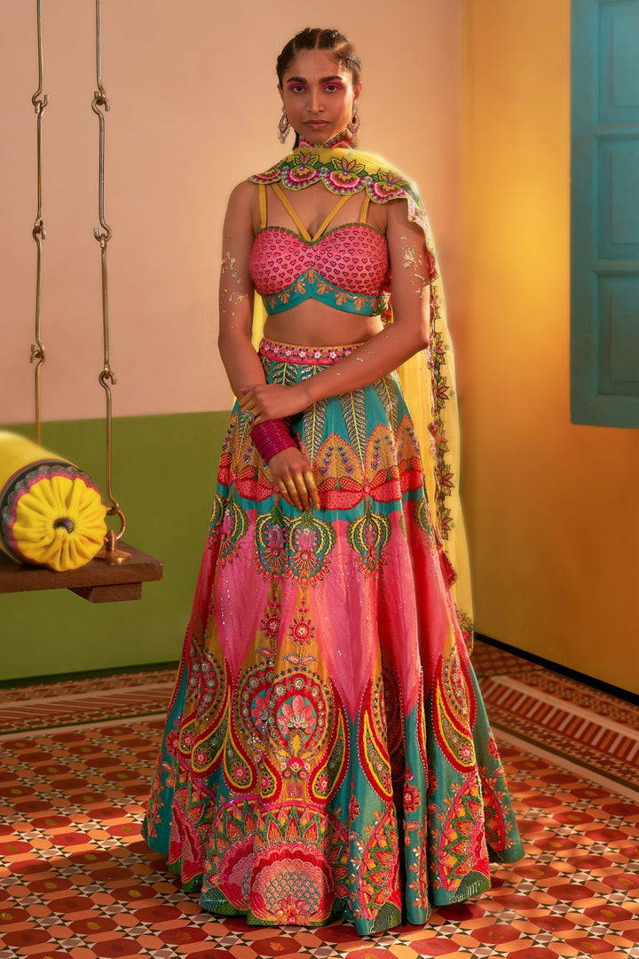 Mastani Pink &amp; Ocean Electric Green Embroidered Lehenga Set-Siddhartha Bansal