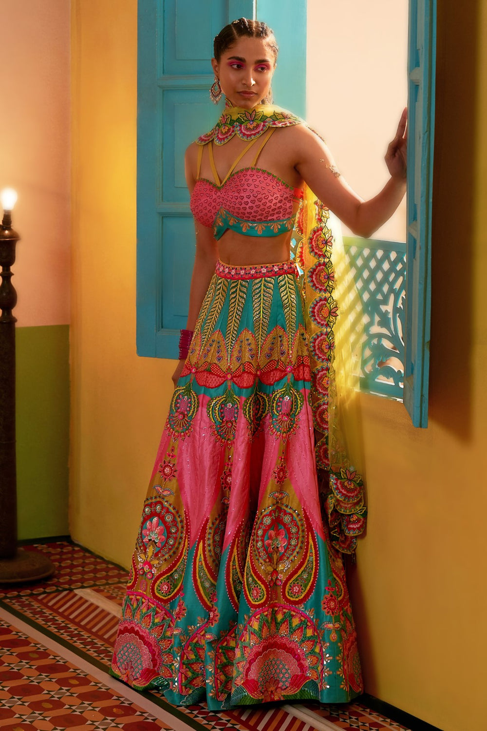Mastani Pink & Ocean Electric Green Embroidered Lehenga Set-Siddhartha Bansal