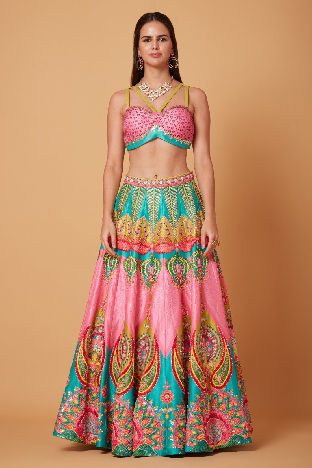 Mastani Pink &amp; Ocean Electric Green Embroidered Lehenga Set-Siddhartha Bansal