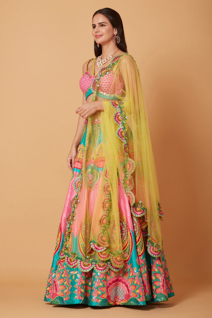 Mastani Pink &amp; Ocean Electric Green Embroidered Lehenga Set-Siddhartha Bansal