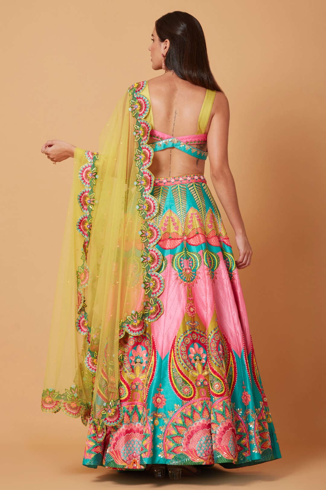 Mastani Pink &amp; Ocean Electric Green Embroidered Lehenga Set-Siddhartha Bansal