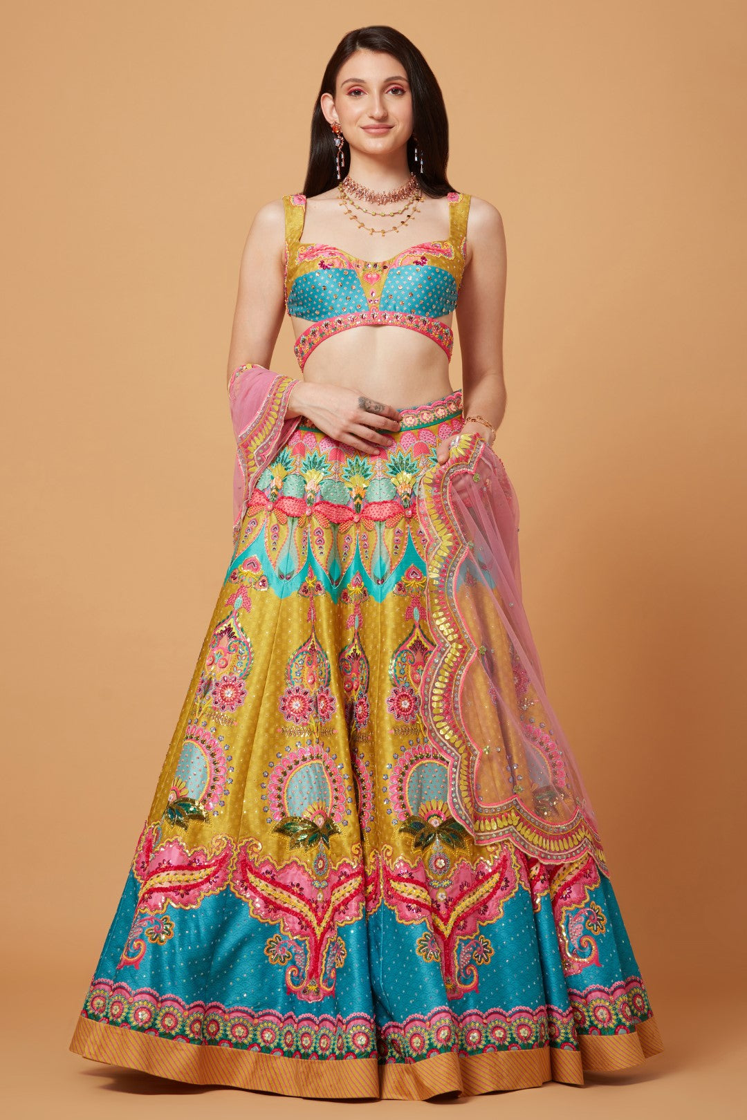 Lime Mustard And Paradise Blue Embroidered Lehenga Set-Siddhartha Bansal