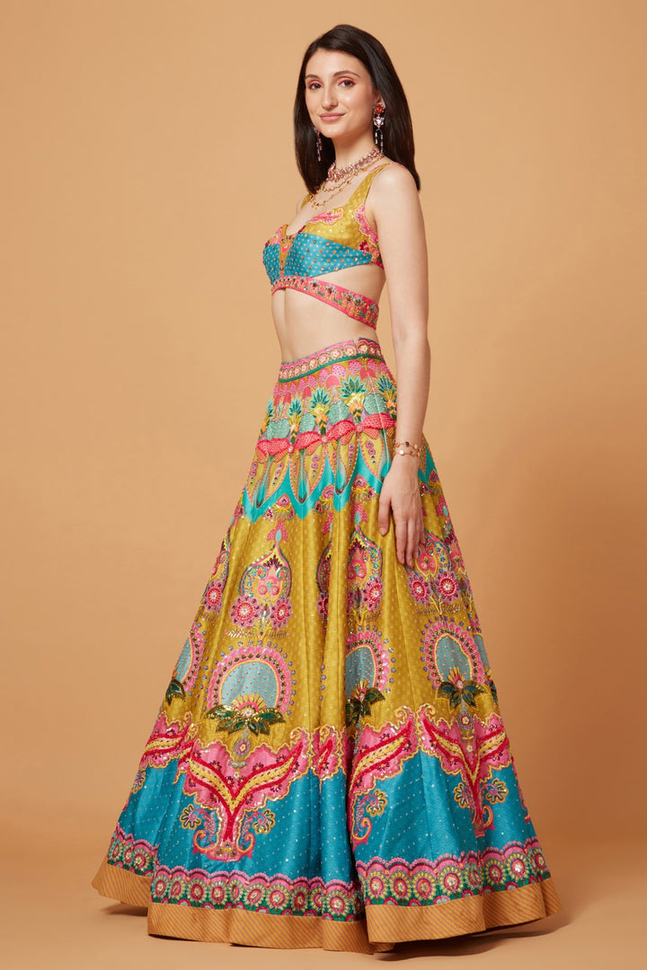 Lime Mustard And Paradise Blue Embroidered Lehenga Set-Siddhartha Bansal