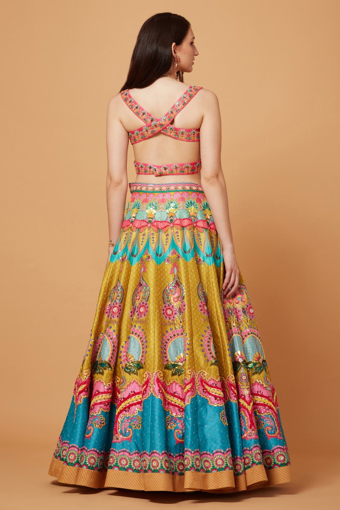 Lime Mustard And Paradise Blue Embroidered Lehenga Set-Siddhartha Bansal
