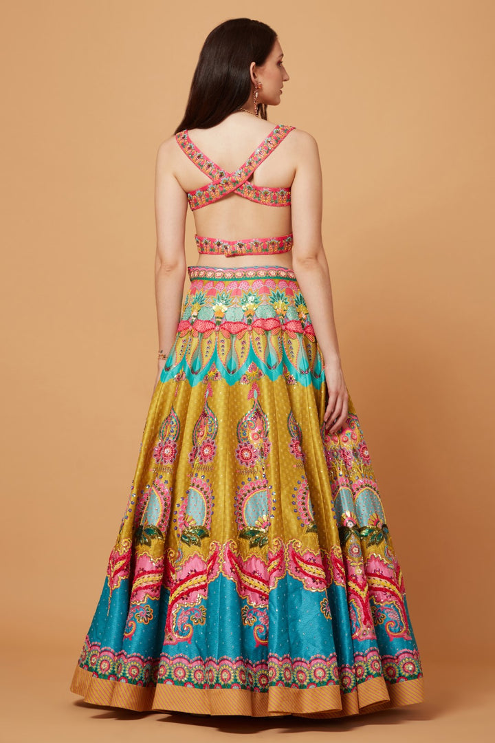 Lime Mustard And Paradise Blue Embroidered Lehenga Set-Siddhartha Bansal