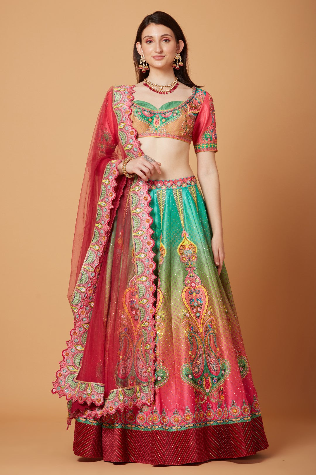 Green-Pink Ombre Embroidered Lehenga Set-Siddhartha Bansal