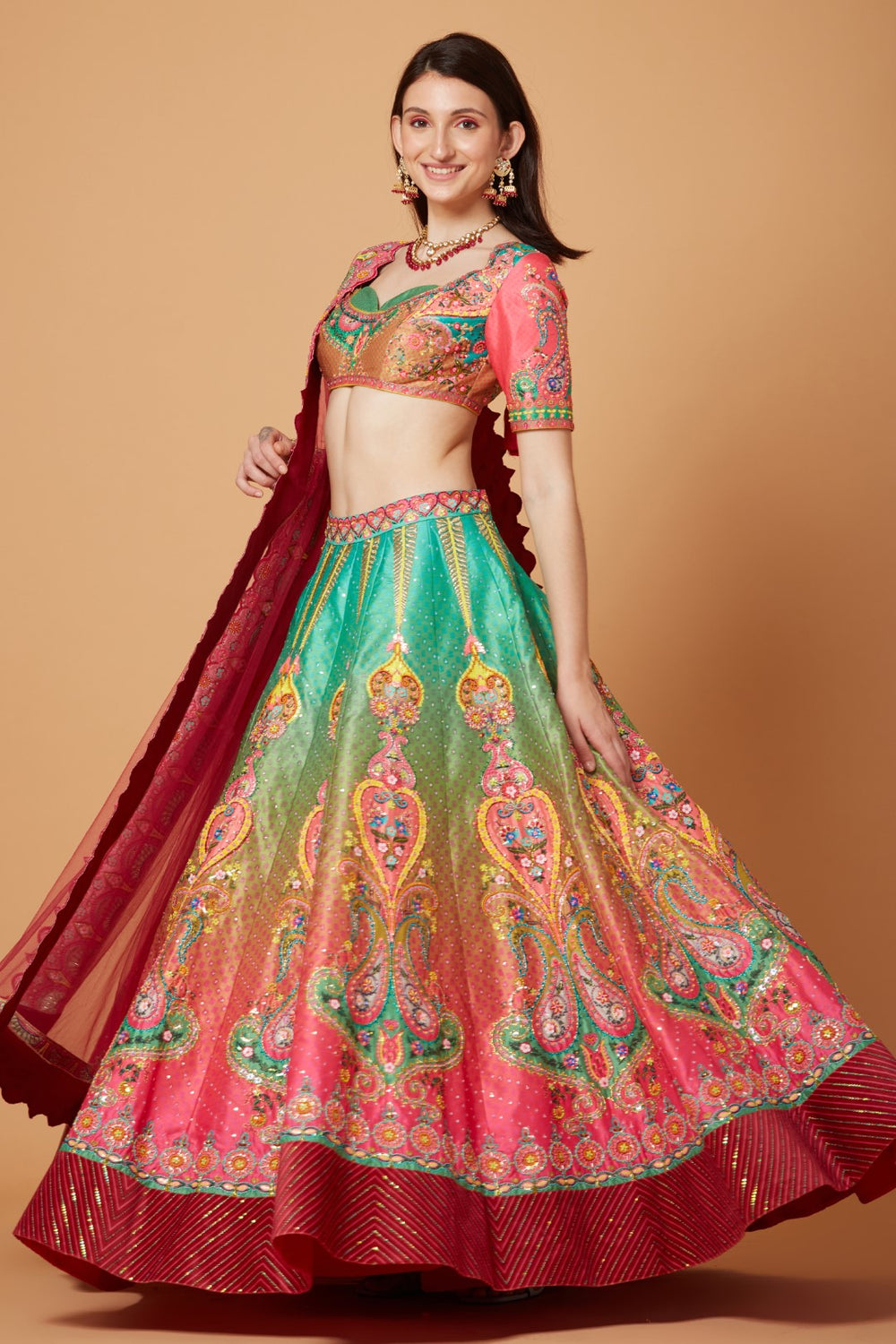 Green-Pink Ombre Embroidered Lehenga Set-Siddhartha Bansal