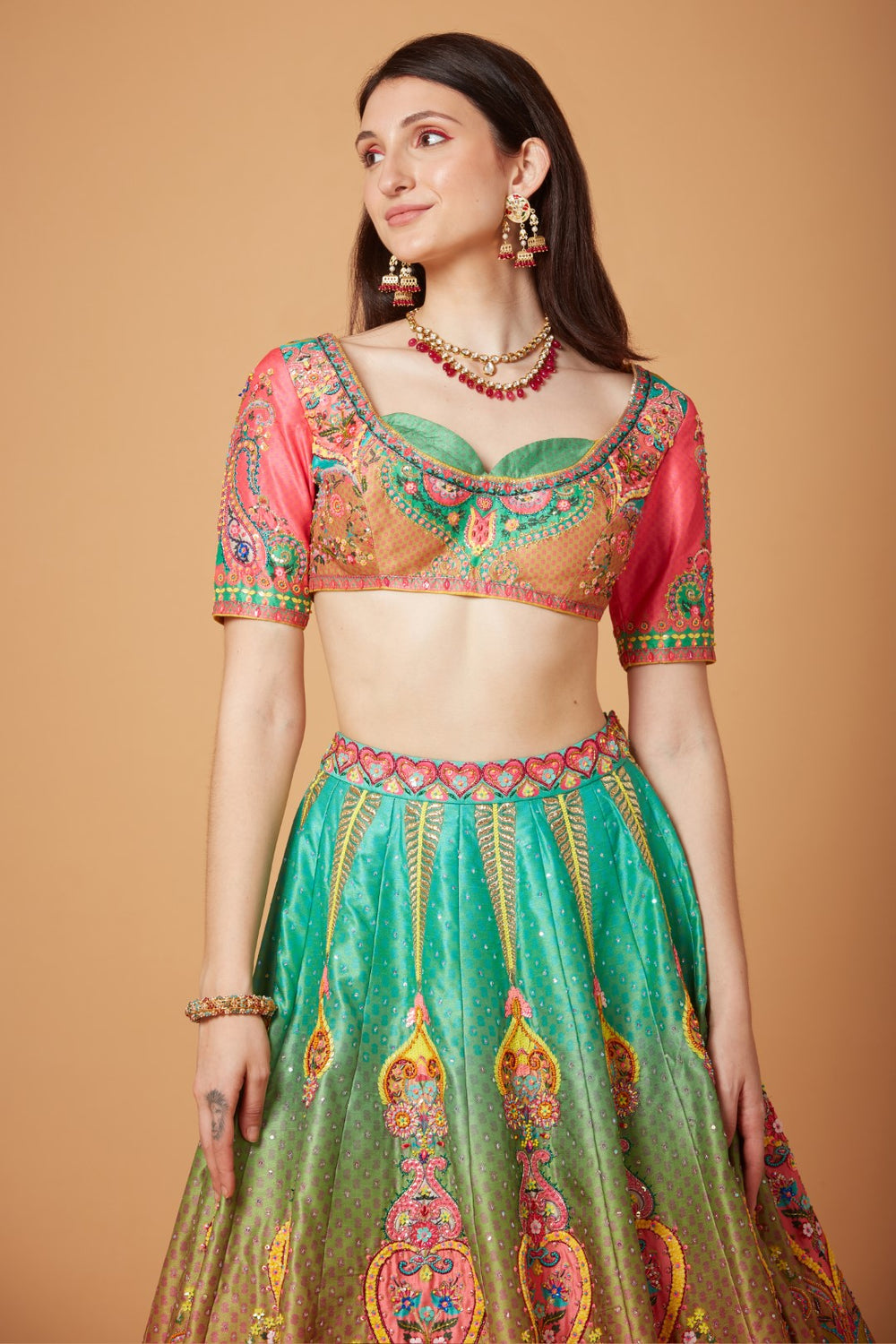 Green-Pink Ombre Embroidered Lehenga Set-Siddhartha Bansal