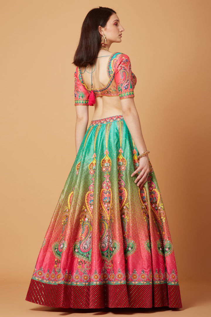 Green-Pink Ombre Embroidered Lehenga Set-Siddhartha Bansal