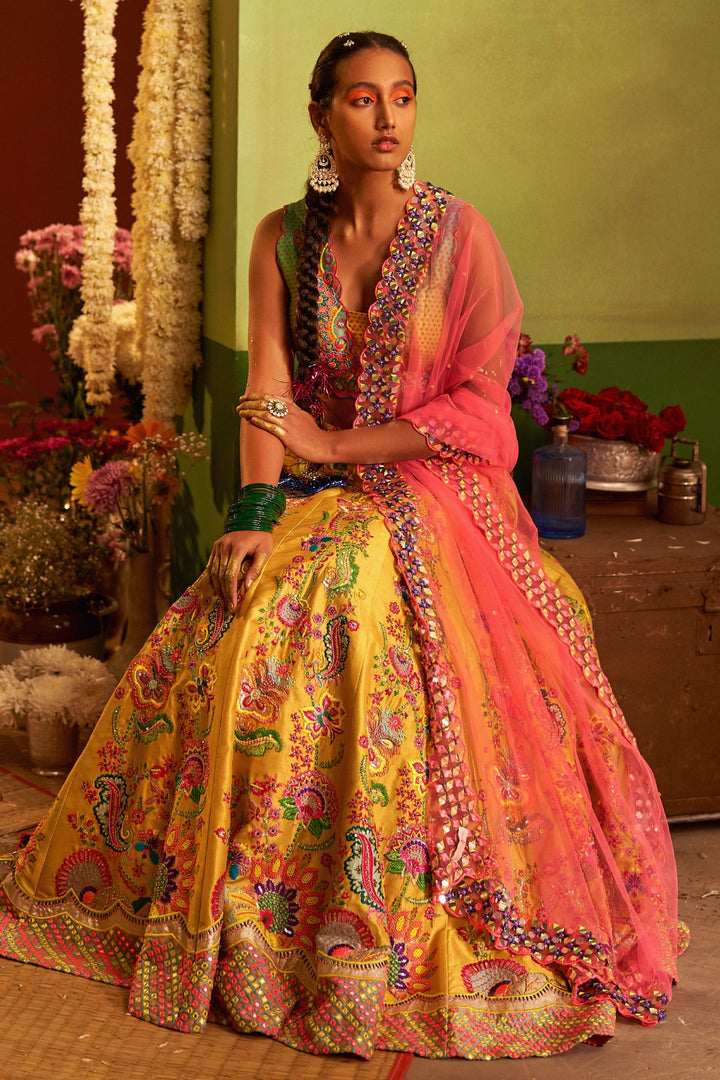 Sb Signature Yellow Floral Embroidered Lehenga Set-Siddhartha Bansal