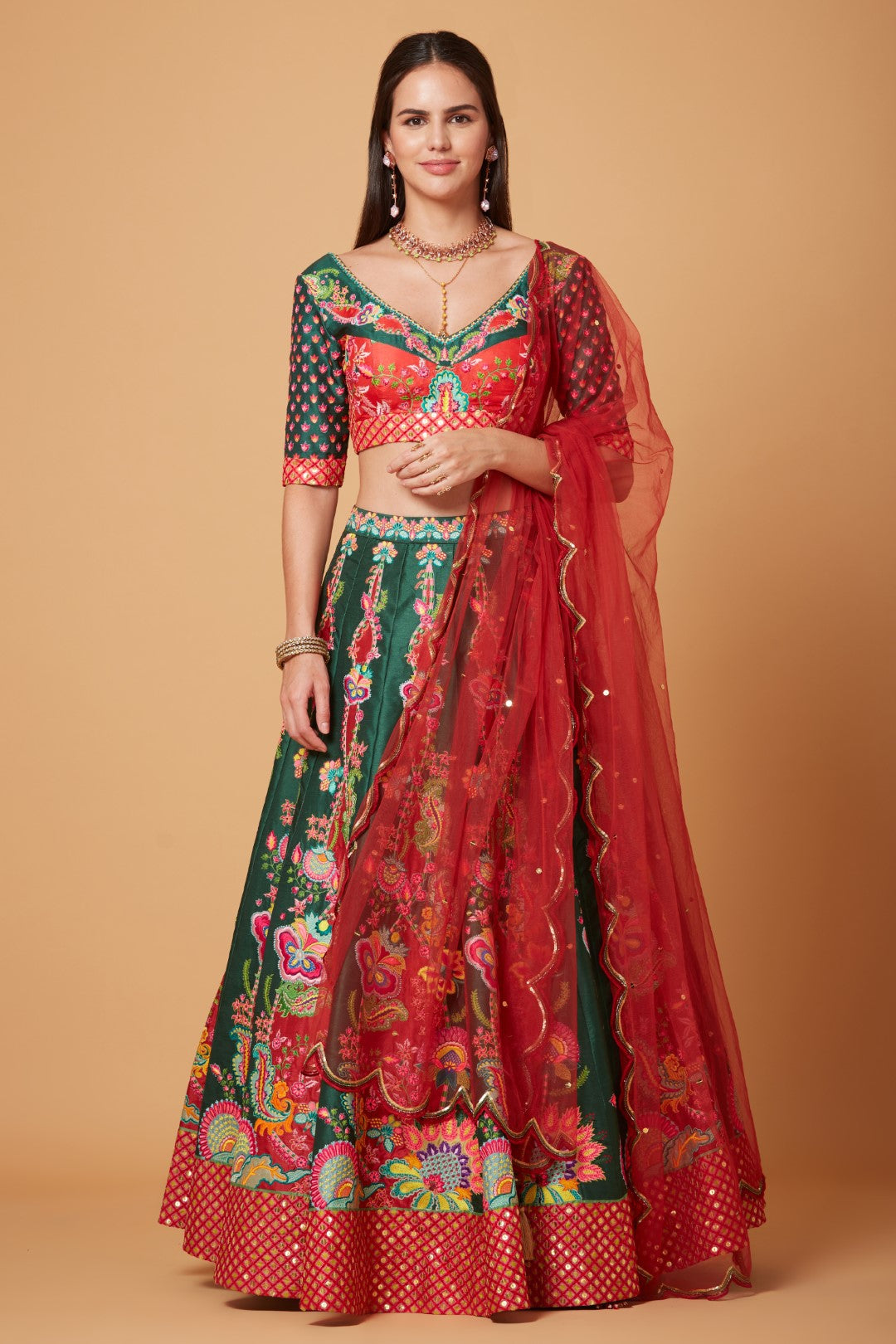 Green-Red Embroidered Lehenga Set-Siddhartha Bansal