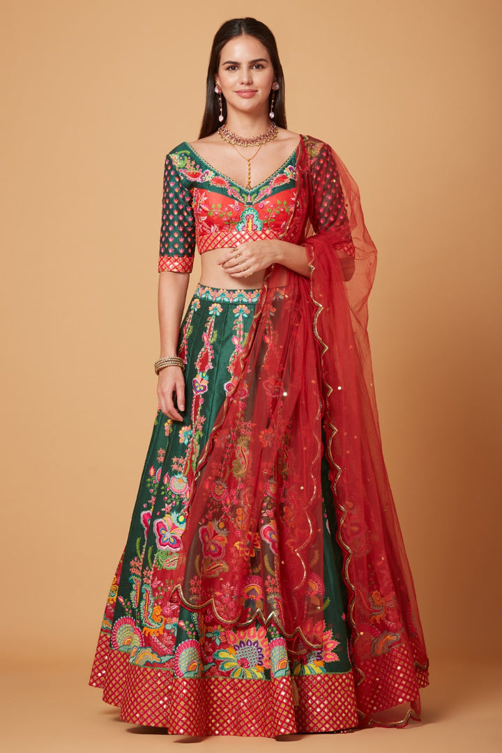 Green-Red Embroidered Lehenga Set-Siddhartha Bansal