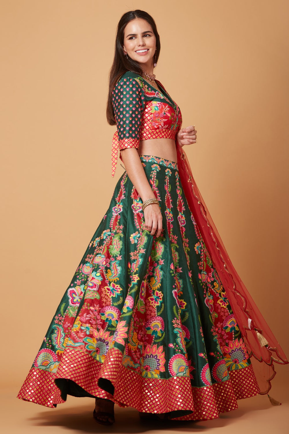 Green-Red Embroidered Lehenga Set-Siddhartha Bansal