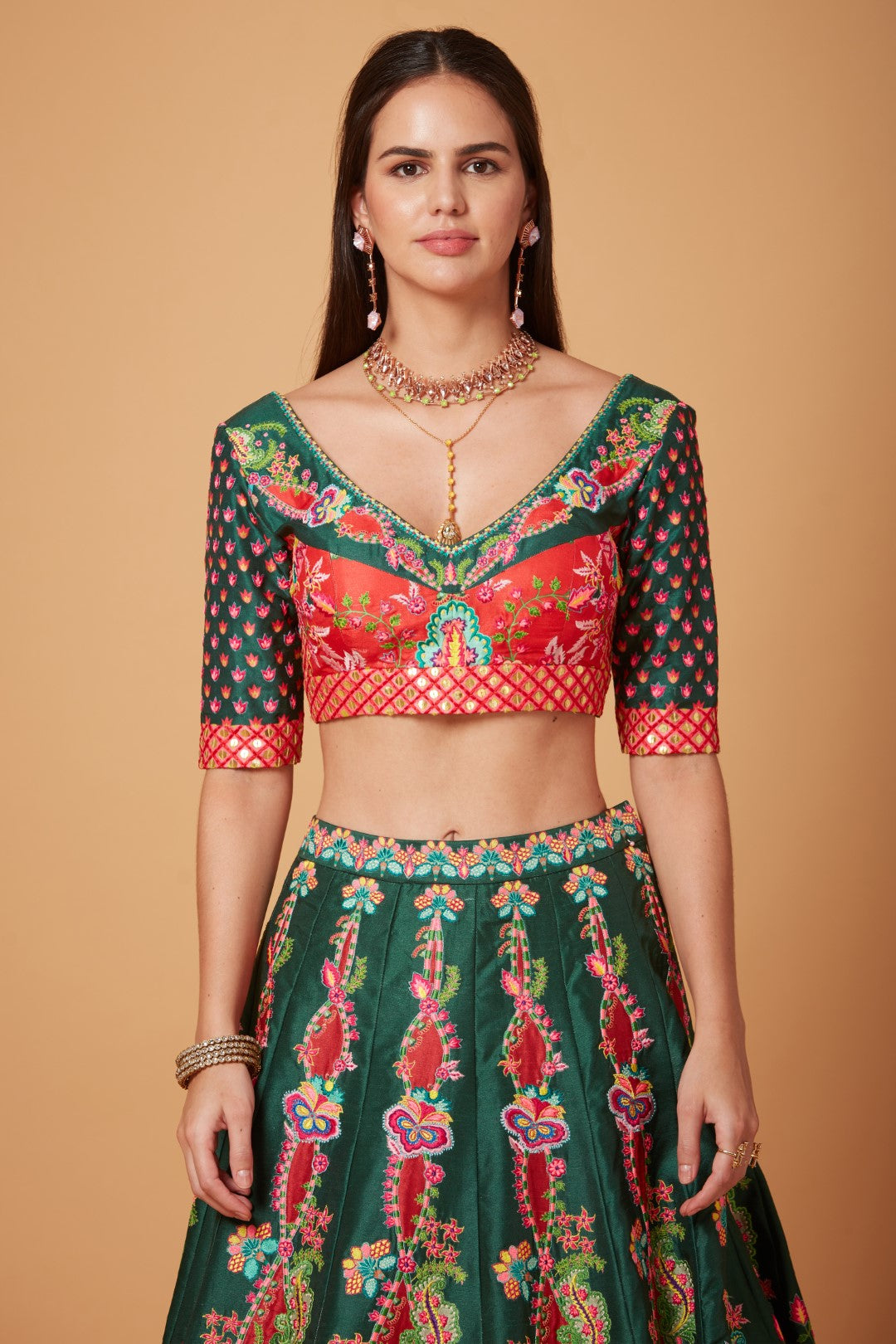 Green-Red Embroidered Lehenga Set-Siddhartha Bansal