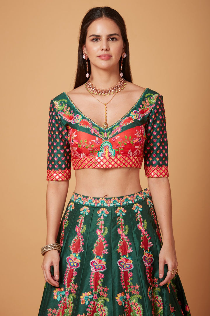 Green-Red Embroidered Lehenga Set-Siddhartha Bansal