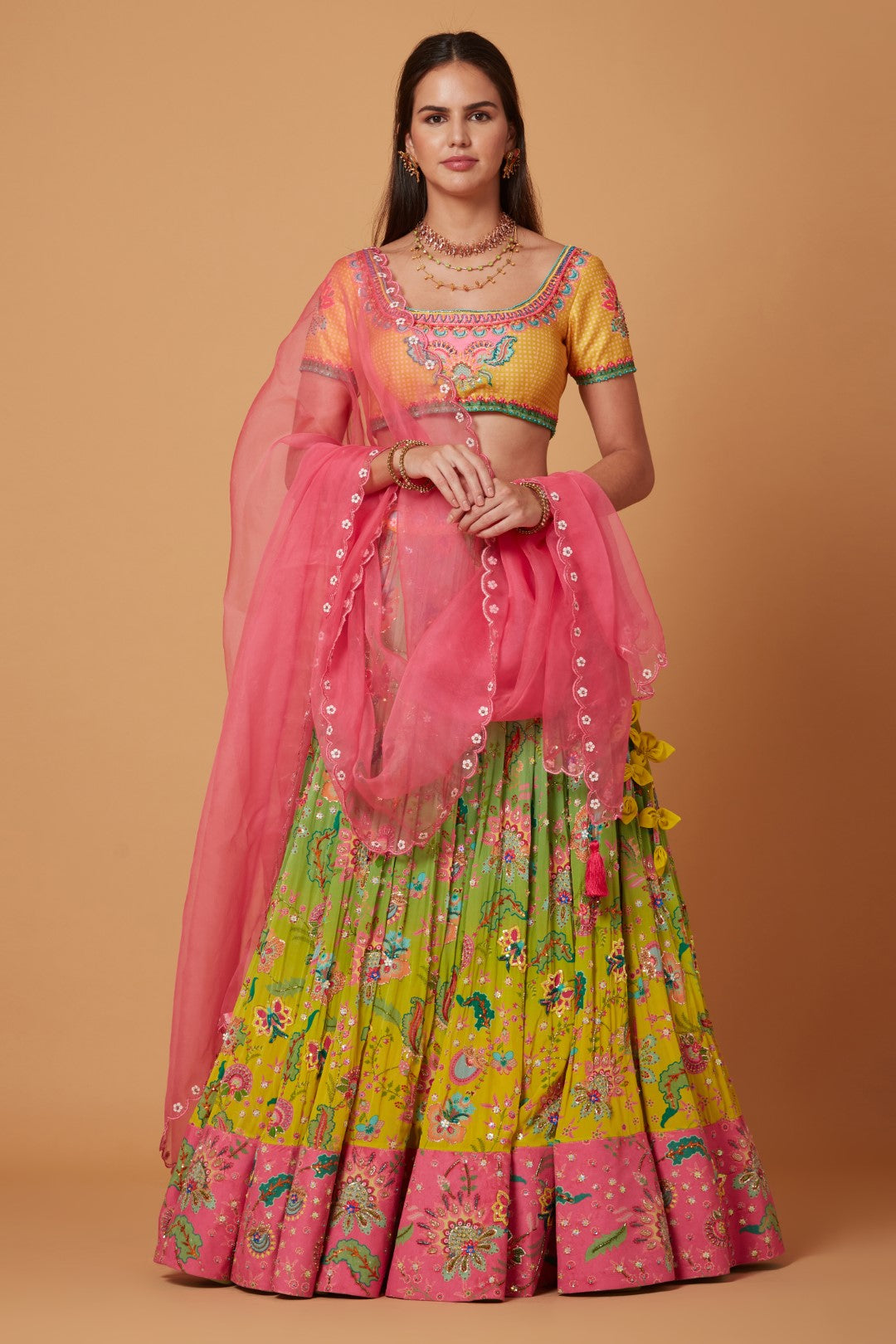Yellow-Green Ombre Embroidered Lehenga Set-Siddhartha Bansal