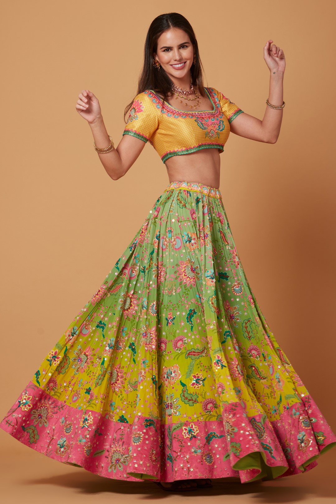 Yellow-Green Ombre Embroidered Lehenga Set-Siddhartha Bansal