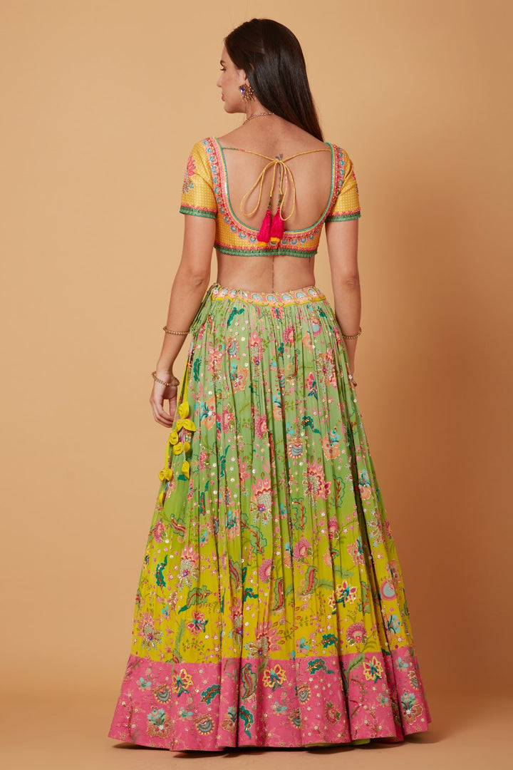 Yellow-Green Ombre Embroidered Lehenga Set-Siddhartha Bansal