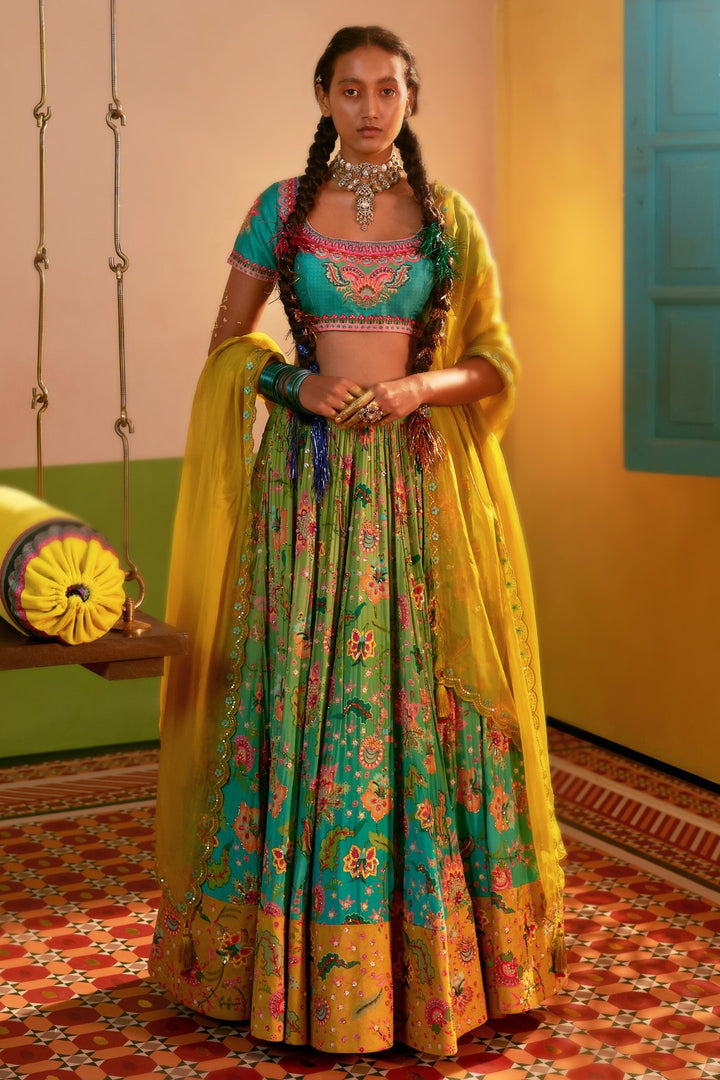 Aqua Turquoise Ombre Embroidered Lehenga Set-Siddhartha Bansal