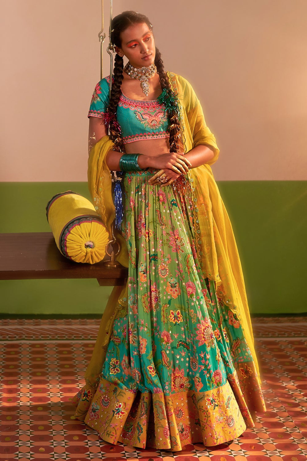 Aqua Turquoise Ombre Embroidered Lehenga Set-Siddhartha Bansal